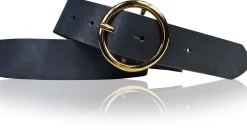 ANDRIA Damen Ledergürtel 4 cm runde vergoldete Gürtelschnalle Hüftgürtel