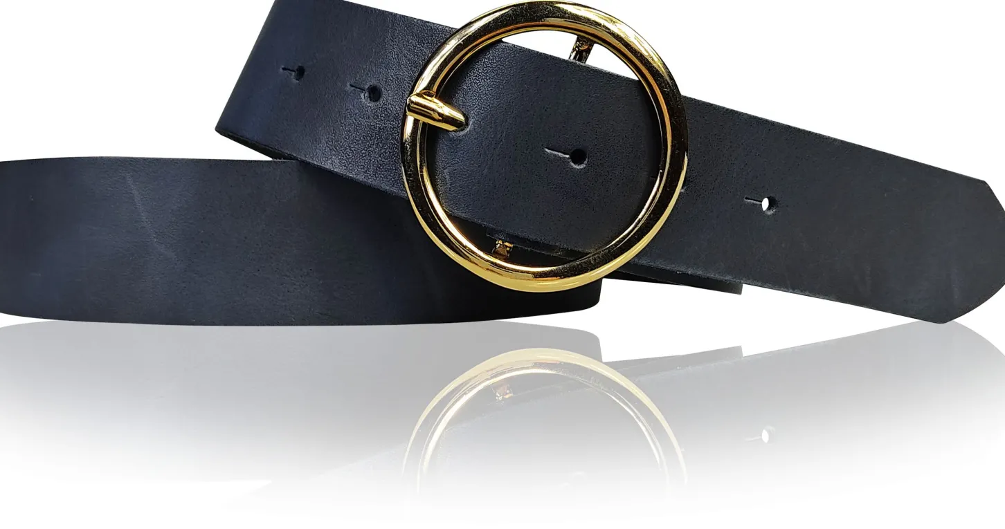 ANDRIA Damen Ledergürtel 4 cm runde vergoldete Gürtelschnalle Hüftgürtel