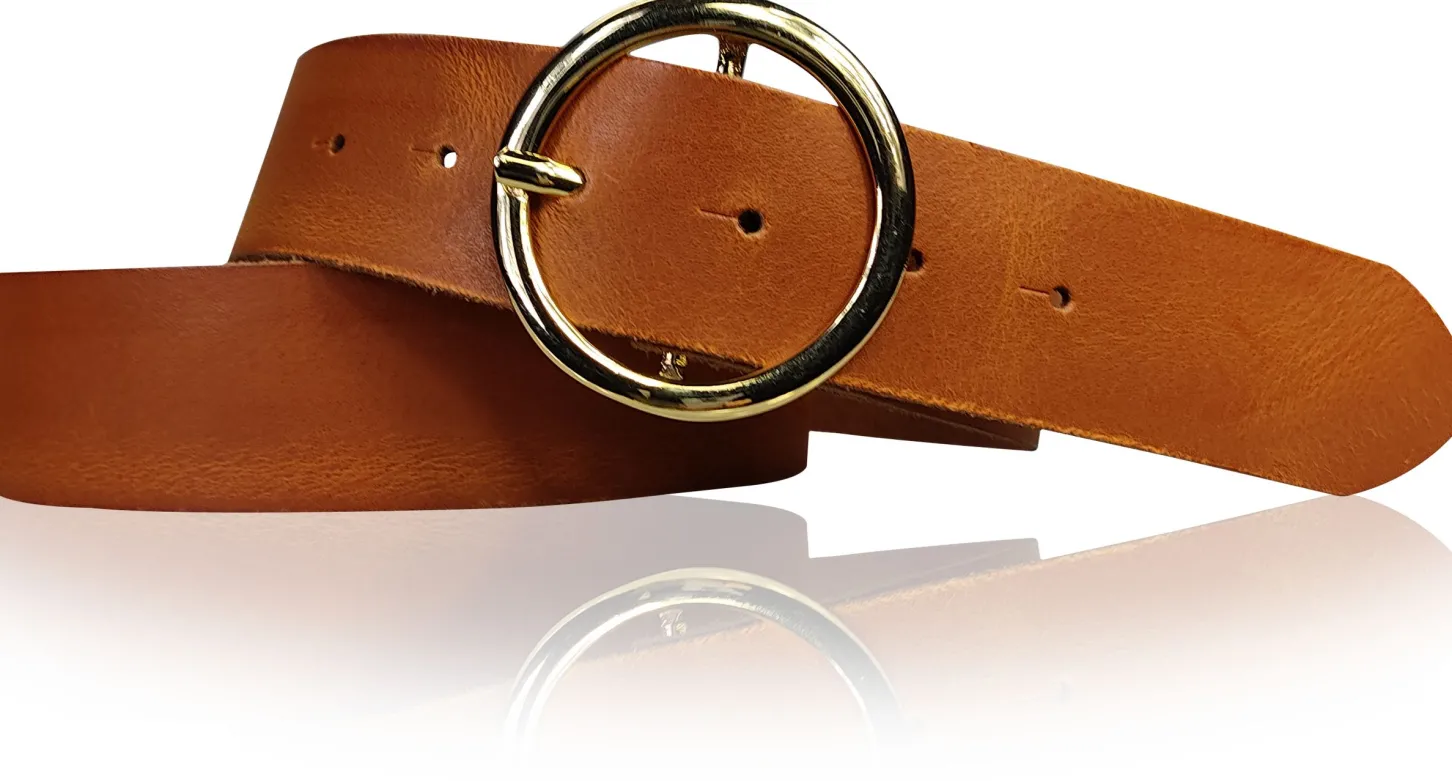 ANDRIA Damen Ledergürtel 4 cm runde vergoldete Gürtelschnalle Hüftgürtel