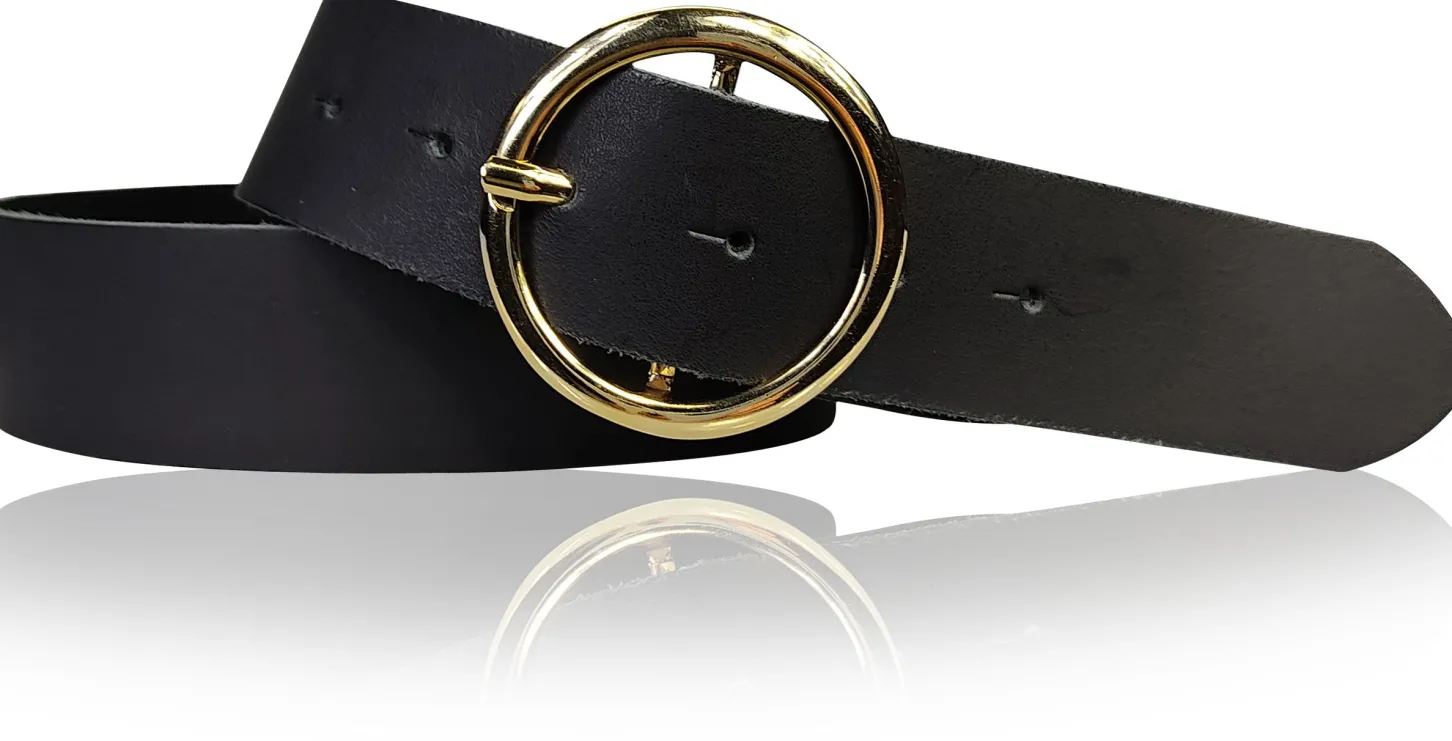 ANDRIA Damen Ledergürtel 4 cm runde vergoldete Gürtelschnalle Hüftgürtel
