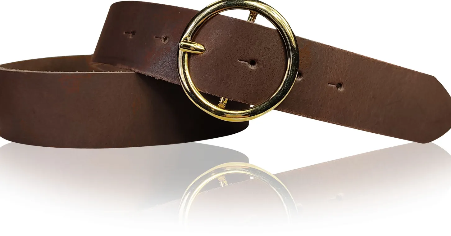 ANDRIA Damen Ledergürtel 4 cm runde vergoldete Gürtelschnalle Hüftgürtel