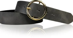 ANDRIA Damen Ledergürtel 4 cm runde vergoldete Gürtelschnalle Hüftgürtel