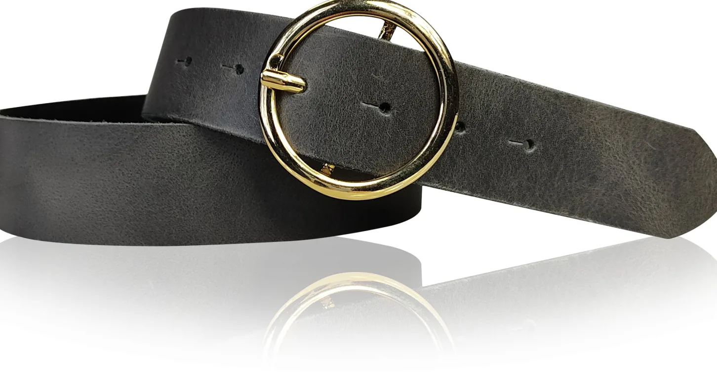 ANDRIA Damen Ledergürtel 4 cm runde vergoldete Gürtelschnalle Hüftgürtel