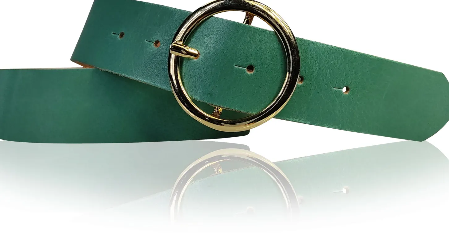 ANDRIA Damen Ledergürtel 4 cm runde vergoldete Gürtelschnalle Hüftgürtel