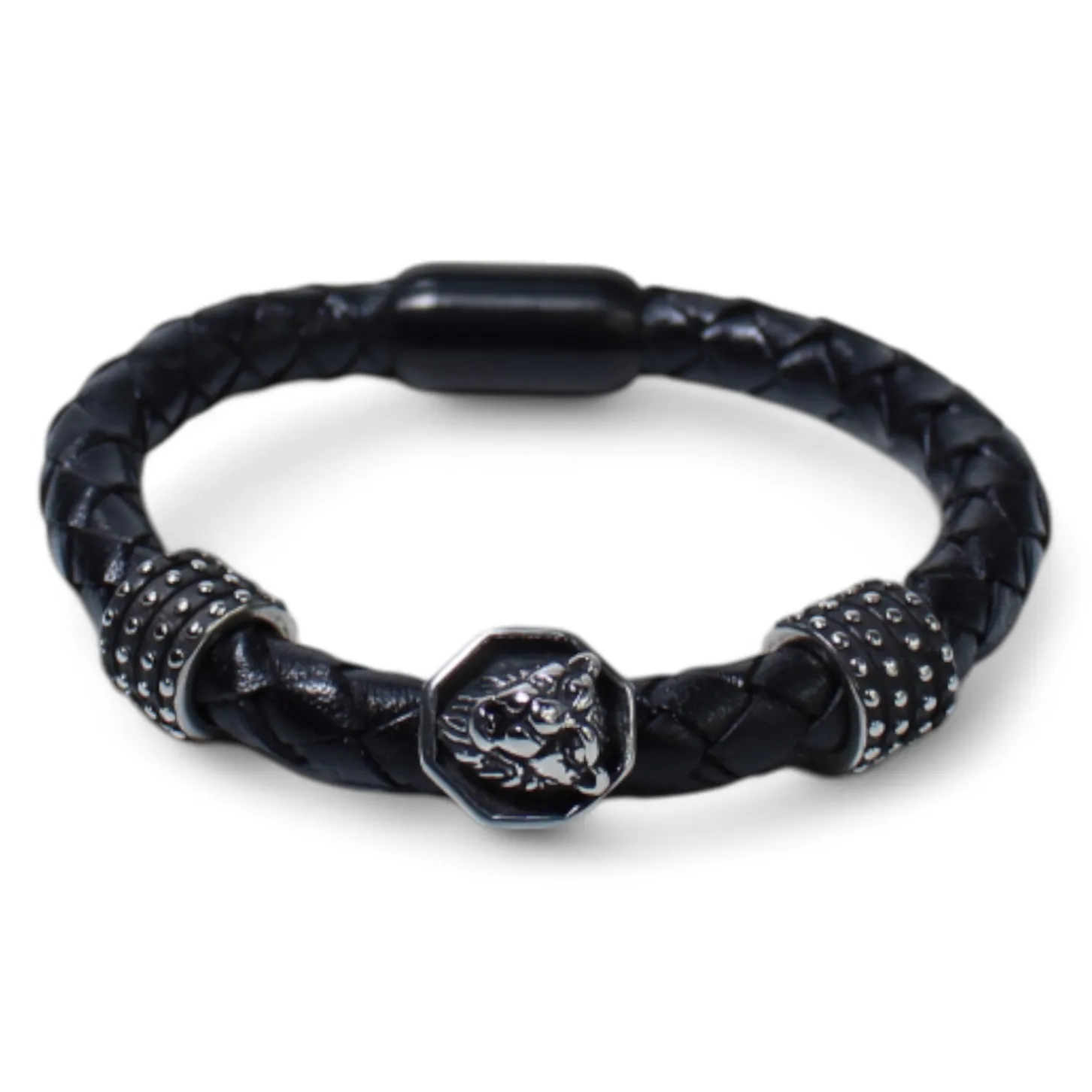 Armband aus Leder mit Löwe, Metall Zierteilen, Edelstahl Verschluss