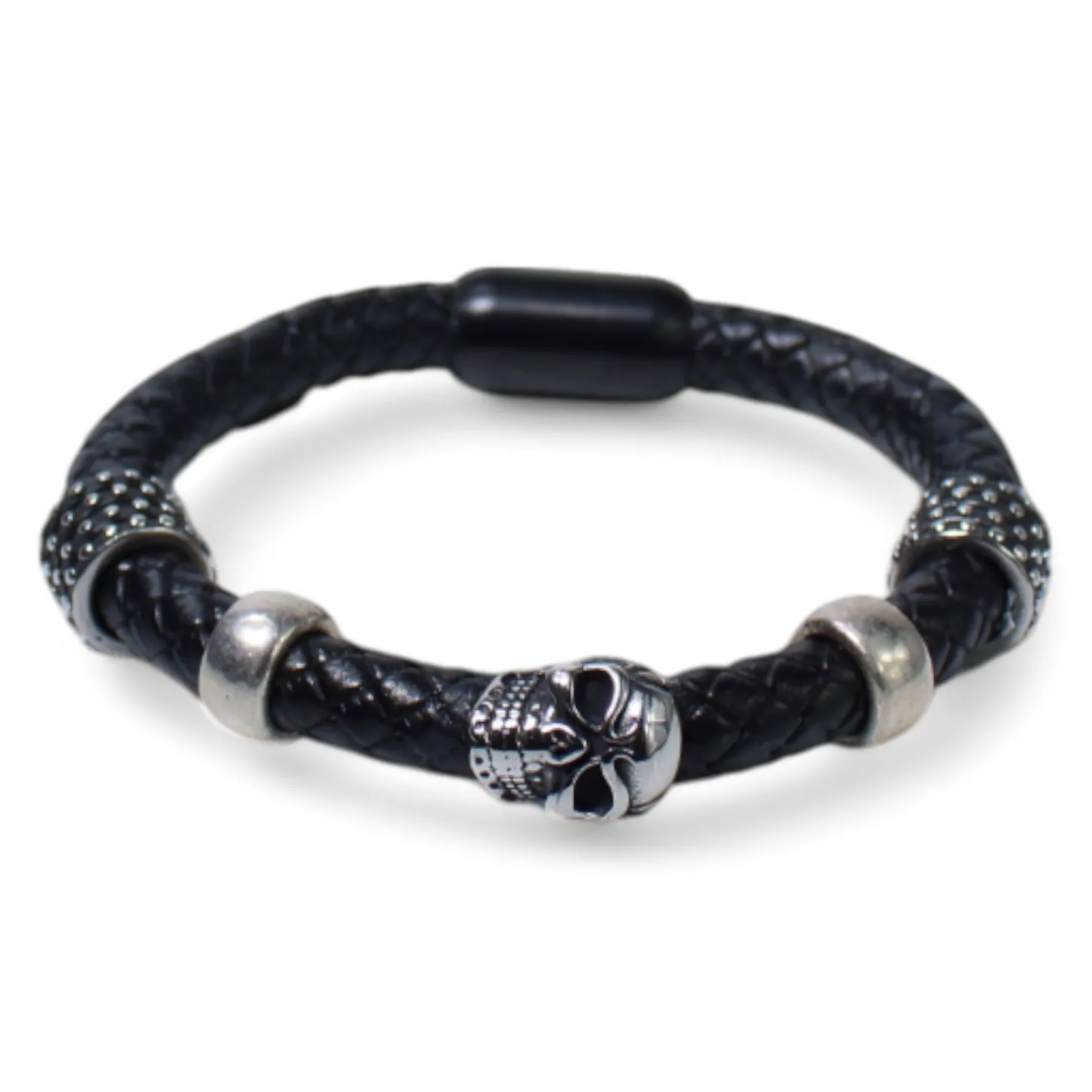 Armband aus Leder mit Totenkopf, Metall Zierteilen, Edelstahl Verschluss