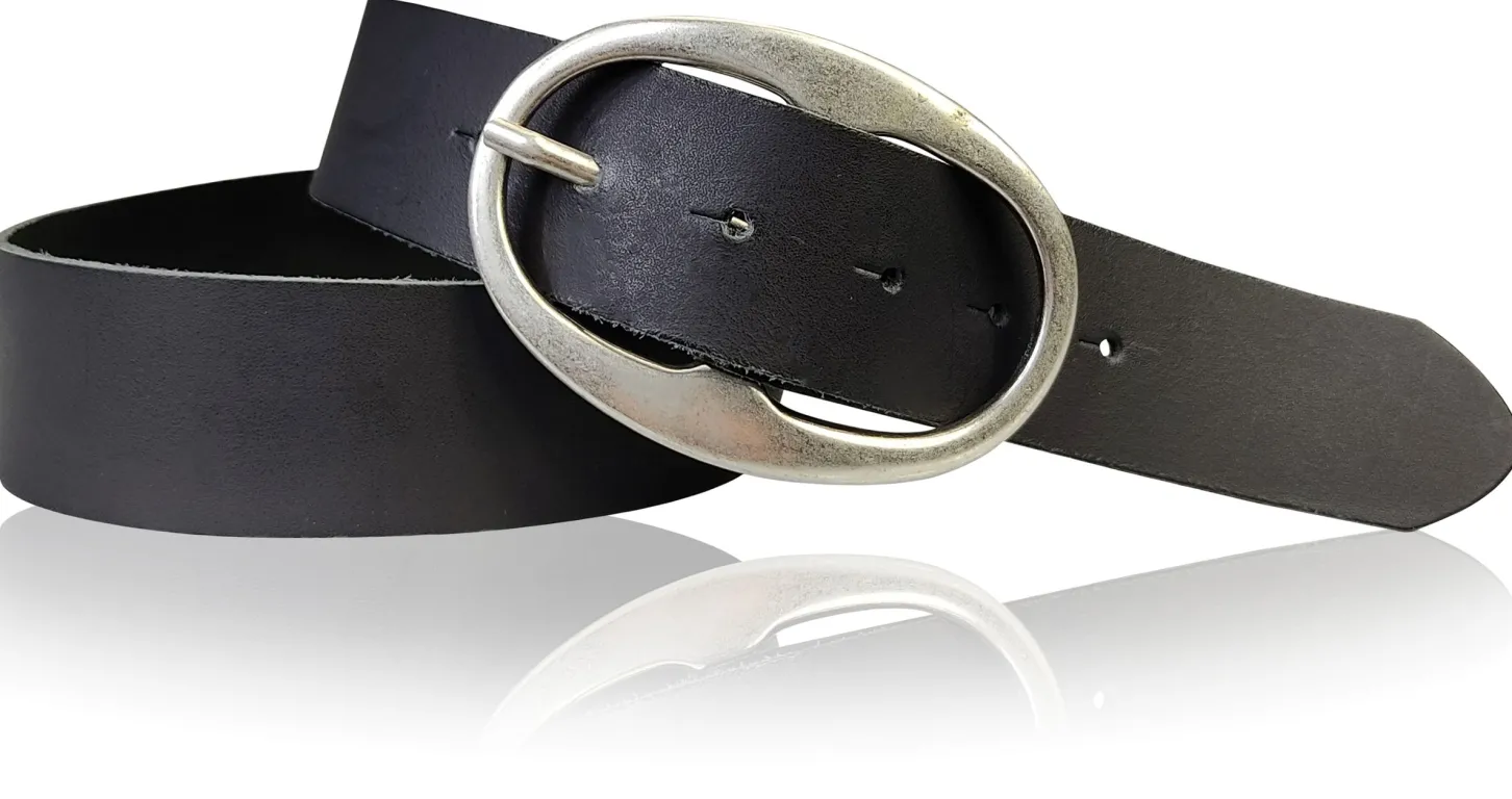 BARREL 2: Damen Ledergürtel 4 cm mit großer ovaler Gürtelschnalle in altsilber