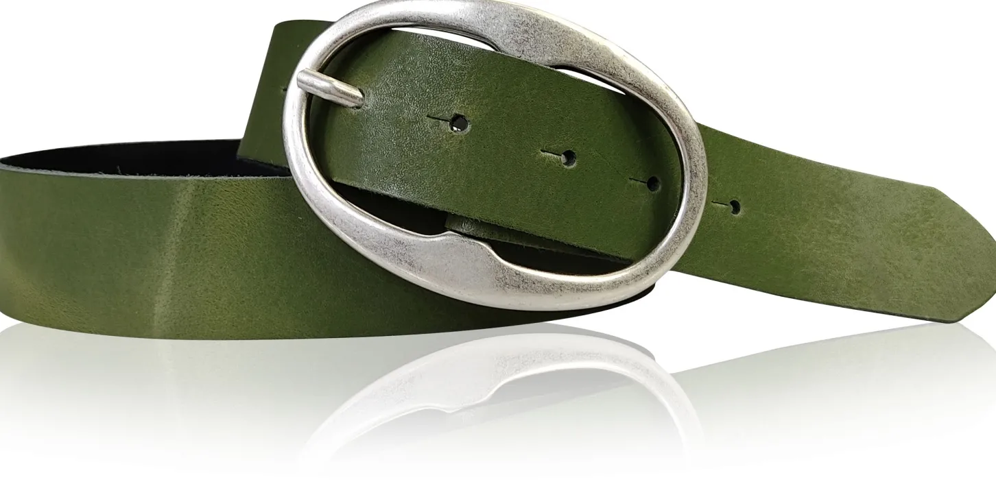 BARREL 2: Damen Ledergürtel 4 cm mit großer ovaler Gürtelschnalle in altsilber