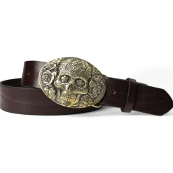 Best Patina® Totenkopf Herrengürtel 4cm, Santa Muerte, Messingschnalle Handguss, Sattlerleder