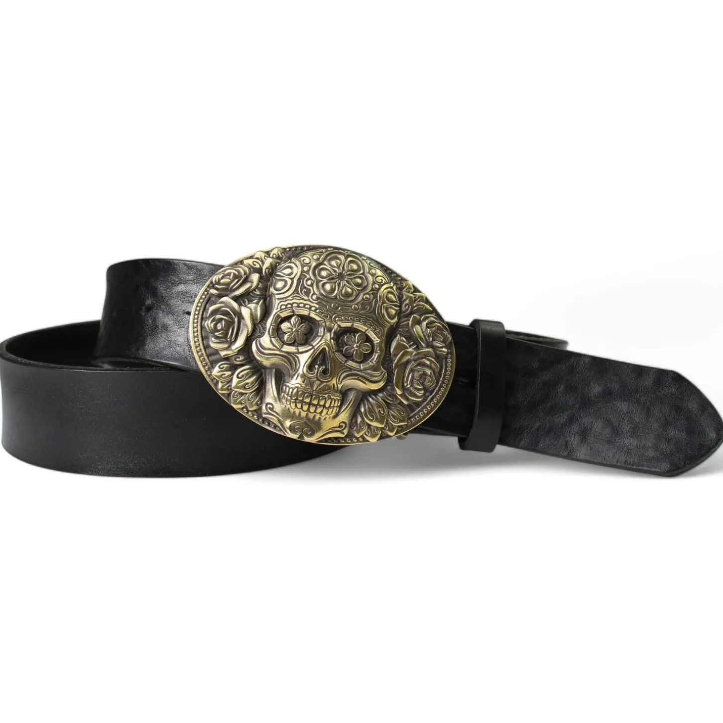 Best Patina® Totenkopf Herrengürtel 4cm, Santa Muerte, Messingschnalle Handguss, Sattlerleder
