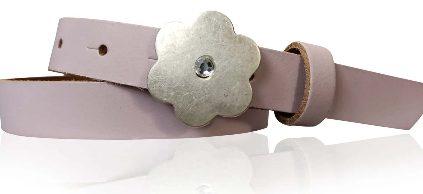 BLUME: süßer Kindergürtel mit silberner Blumenschnalle mit Straß, plastikfrei, 2 cm schmal