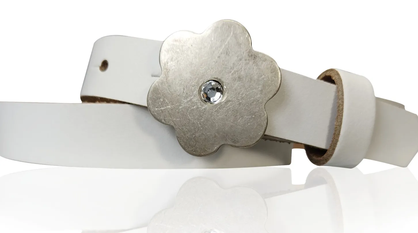 BLUME: süßer Kindergürtel mit silberner Blumenschnalle mit Straß, plastikfrei, 2 cm schmal