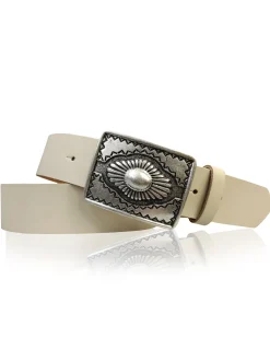 BOHO 2: Ethnogürtel 4 cm für Damen und Herren, Ledergürtel mexikanische Gürtelschnalle altsilber