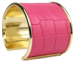breiter Armreif 4,5 cm Edelstahl, Kunstleder, Kroko Optik, gold