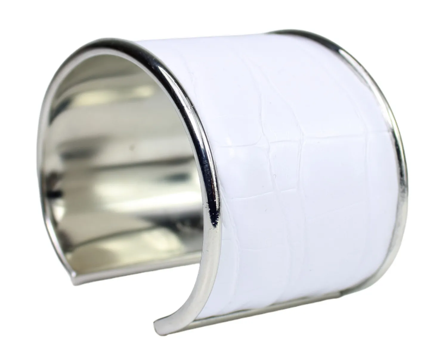 breiter Armreif 4,5 cm Edelstahl, Kunstleder, Kroko Optik, silber