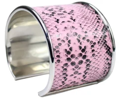 breiter Armreif 4,5 cm Edelstahl, Kunstleder, Python Optik, silber
