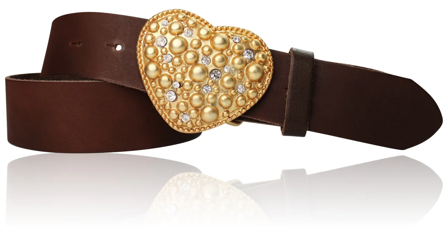 CAPRI Damen Ledergürtel 4 cm mit Herzschnalle gold, Strasssteine