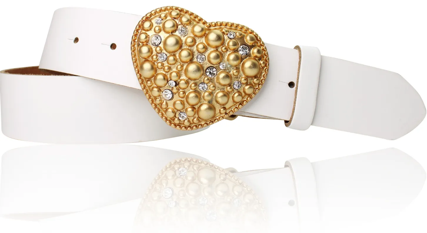 CAPRI Damen Ledergürtel 4 cm mit Herzschnalle gold, Strasssteine
