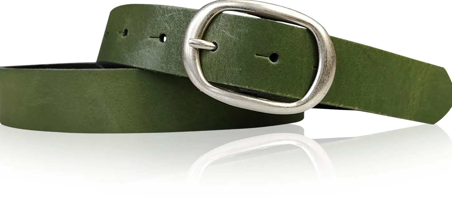 CASUAL modischer Damen Ledergürtel 3 cm mit ovaler Gürtelschnalle in matt silber, Ledergürtel