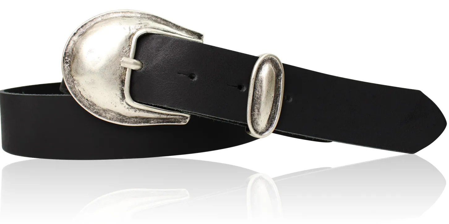 Damen Ledergürtel 3,5 cm antiksilberne Gürtelschnalle mit Metallschlaufe Echtledergürtel