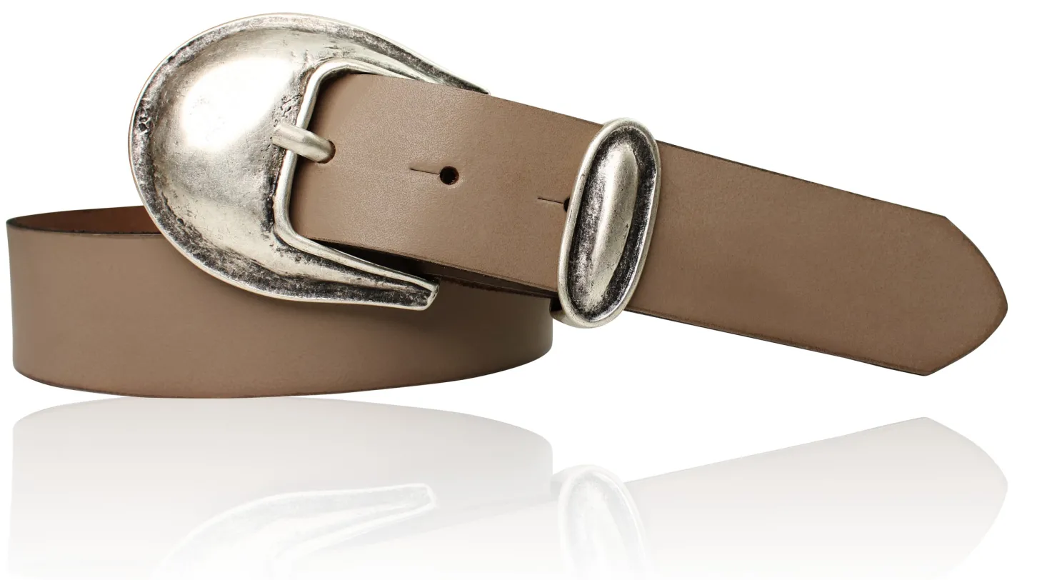 Damen Ledergürtel 3,5 cm antiksilberne Gürtelschnalle mit Metallschlaufe Echtledergürtel