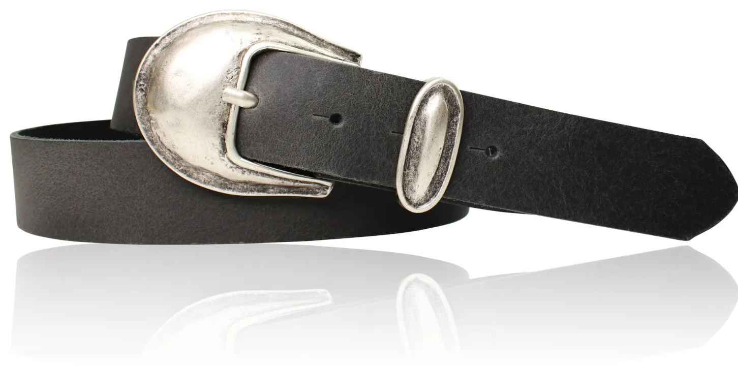 Damen Ledergürtel 3,5 cm antiksilberne Gürtelschnalle mit Metallschlaufe Echtledergürtel