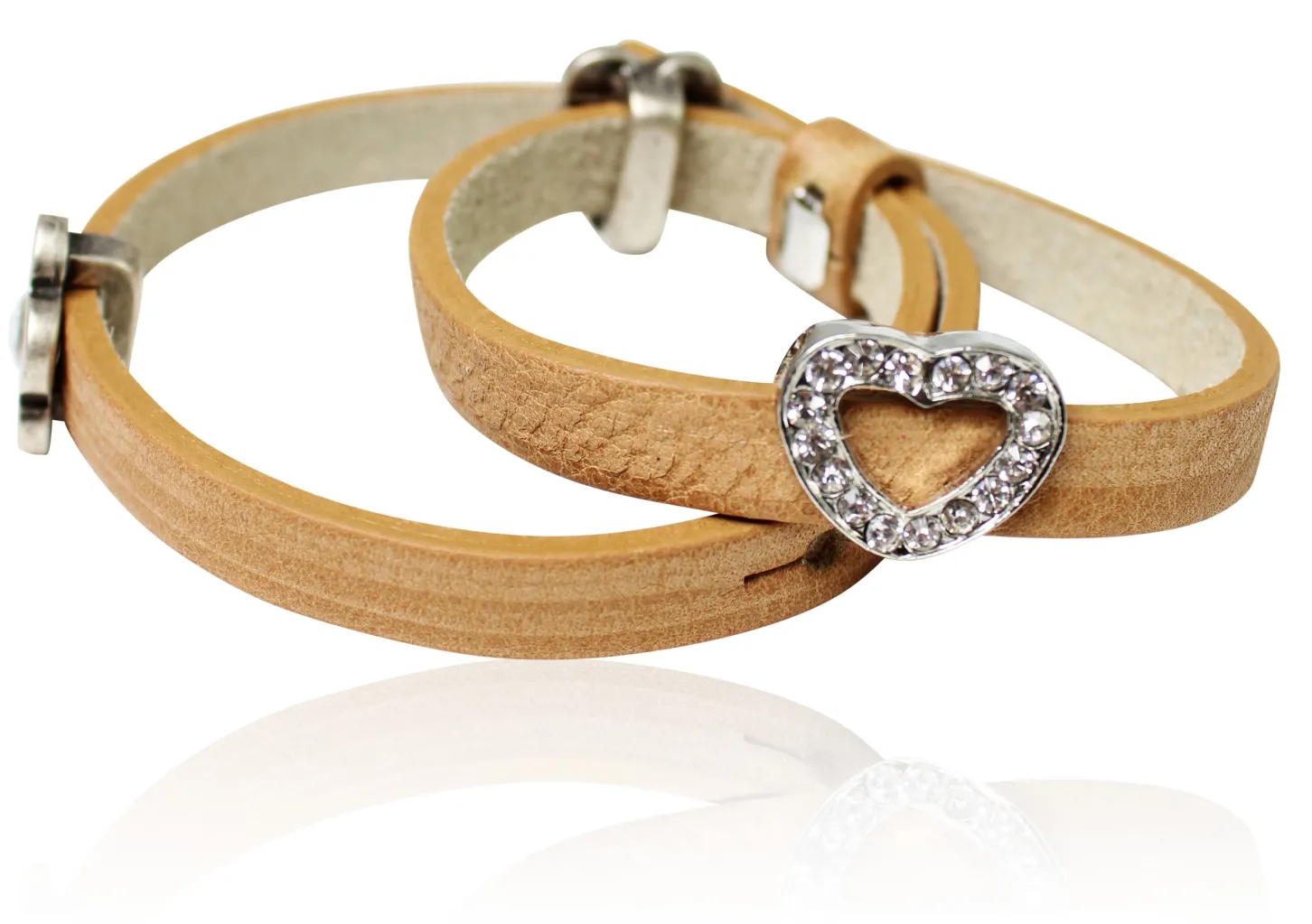 doppeltes Lederarmband mit Strass Zierteilen Herz und Blume, Rindsleder