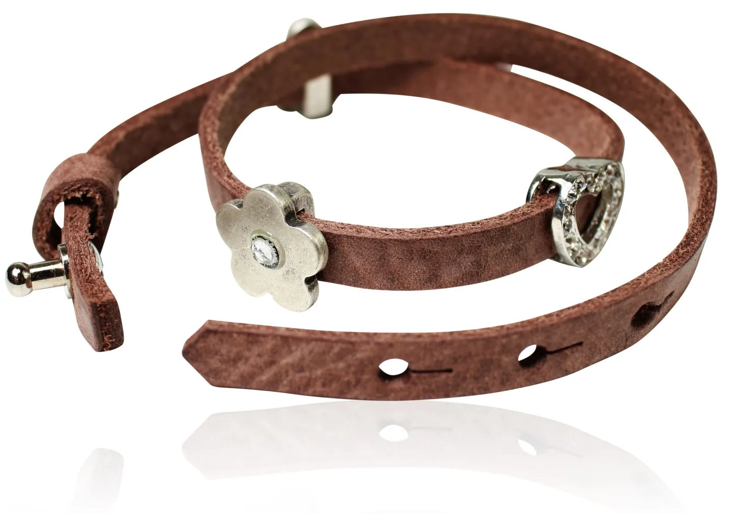 doppeltes Lederarmband mit Strass Zierteilen Herz und Blume, Rindsleder