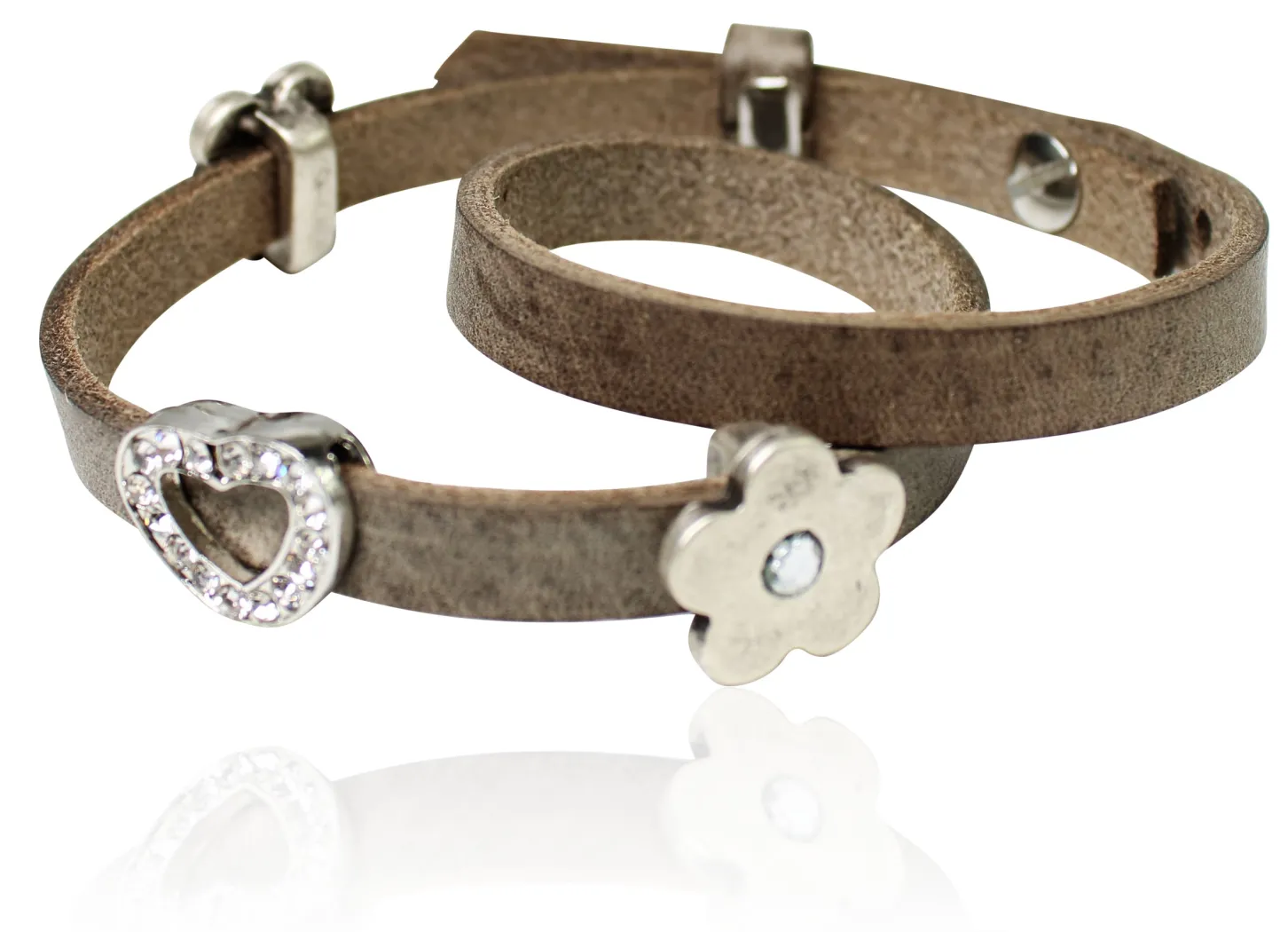 doppeltes Lederarmband mit Strass Zierteilen Herz und Blume, Rindsleder