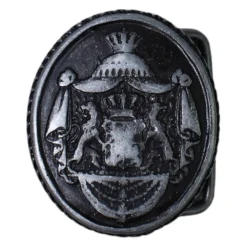 Dunkle Trachtengürtelschnalle mit Wappen und Löwen, Dornschnalle, 4 cm