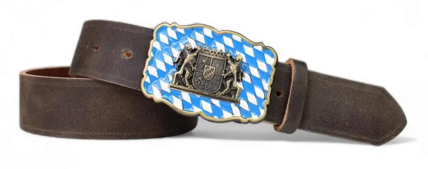 Edeltracht® hochwertiger Ledergürtel Gürtelschnalle mit Wappen blau-weiß, Handarbeit
