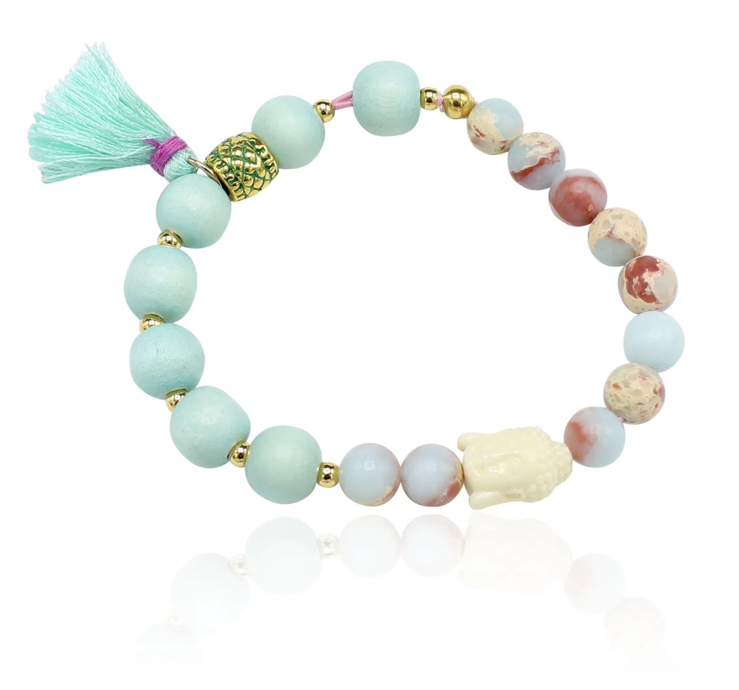 elastisches Armband aus Holzperlen mit Buddha Kopf, tolle Farben
