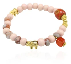 elastisches Armband aus Holz- und Natursteinperlen, Elefanten, gold