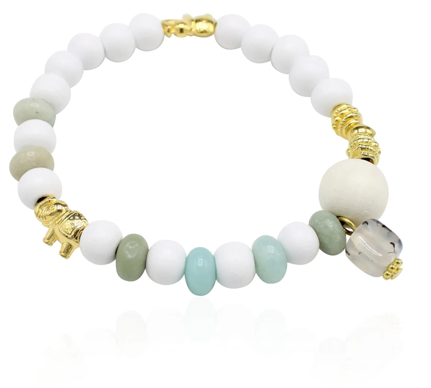 elastisches Armband aus Holz- und Natursteinperlen, Elefanten, gold