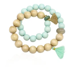 elastisches Armband doppelt aus Holz- und Natursteinperlen, Boho Look