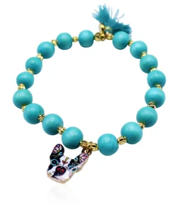 elastisches Armband mit Holzperlen und franz. Bulldoggen Anhänger