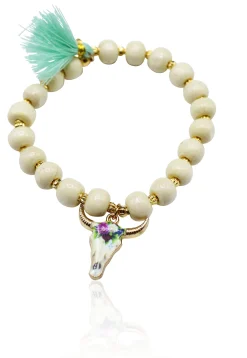 elastisches Armband mit Holzperlen und Büffelkopf Anhänger, Tracht