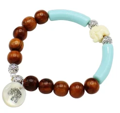 elastisches Armband mit Holzperlen, Acryl Tubes/Elefanten, Perlmutt Anhänger