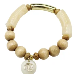 elastisches Armband mit Holzperlen, farbigen Tubes und Elefanten Anhänger, gold