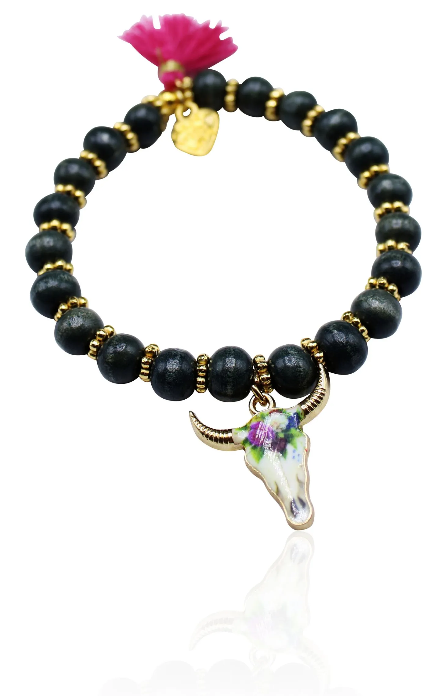 elastisches Armband mit Holzperlen und Büffelkopf Anhänger, Tracht