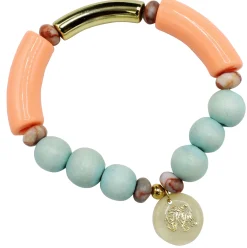 elastisches Armband mit Holzperlen, farbigen Tubes und Elefanten Anhänger, gold