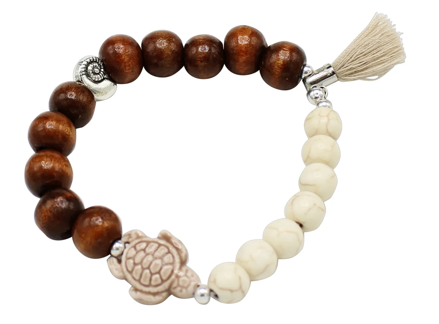 elastisches Armband mit Porzellan Schildkröte, Holz- und Natursteinperlen, Quaste