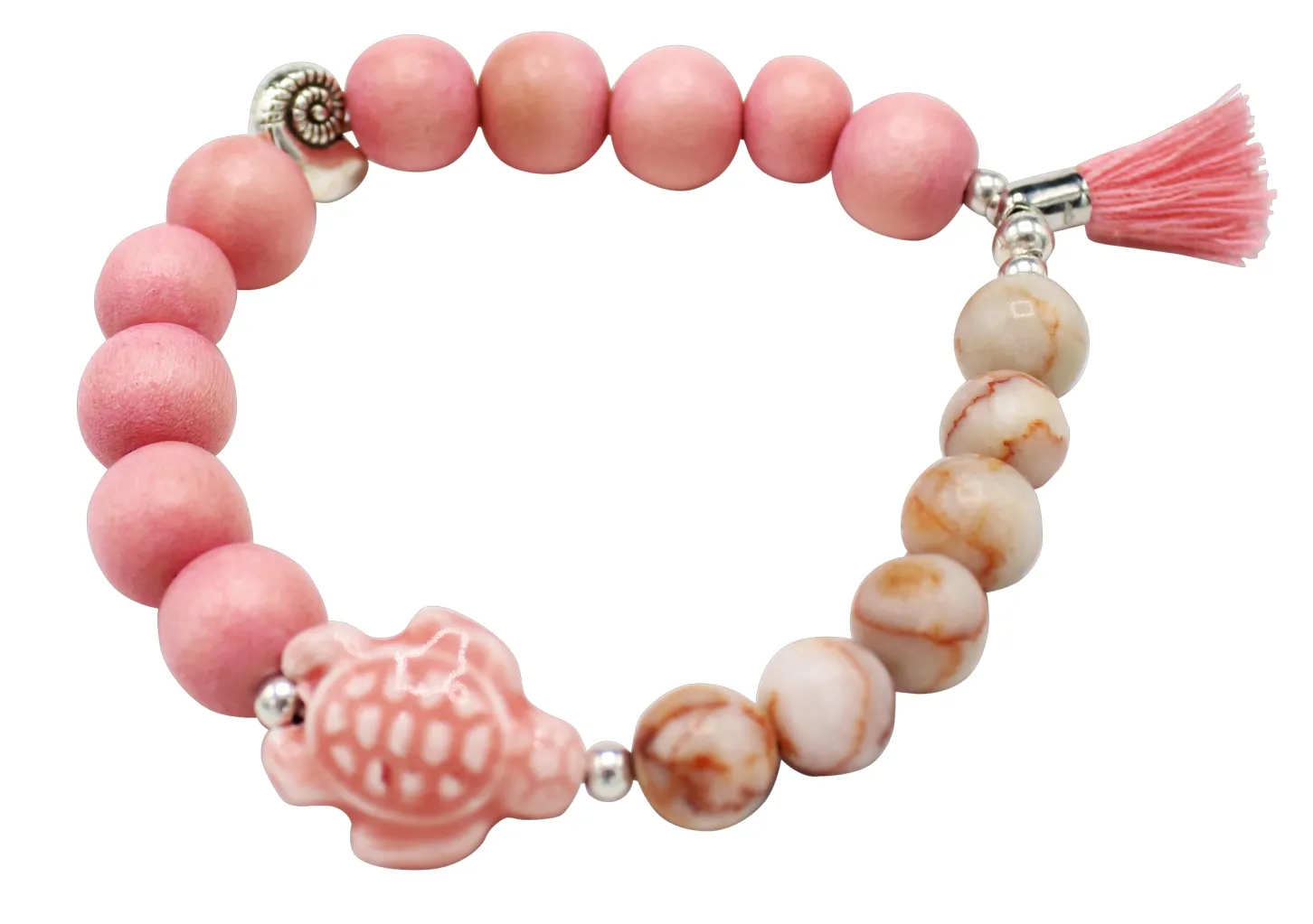 elastisches Armband mit Porzellan Schildkröte, Holz- und Natursteinperlen, Quaste
