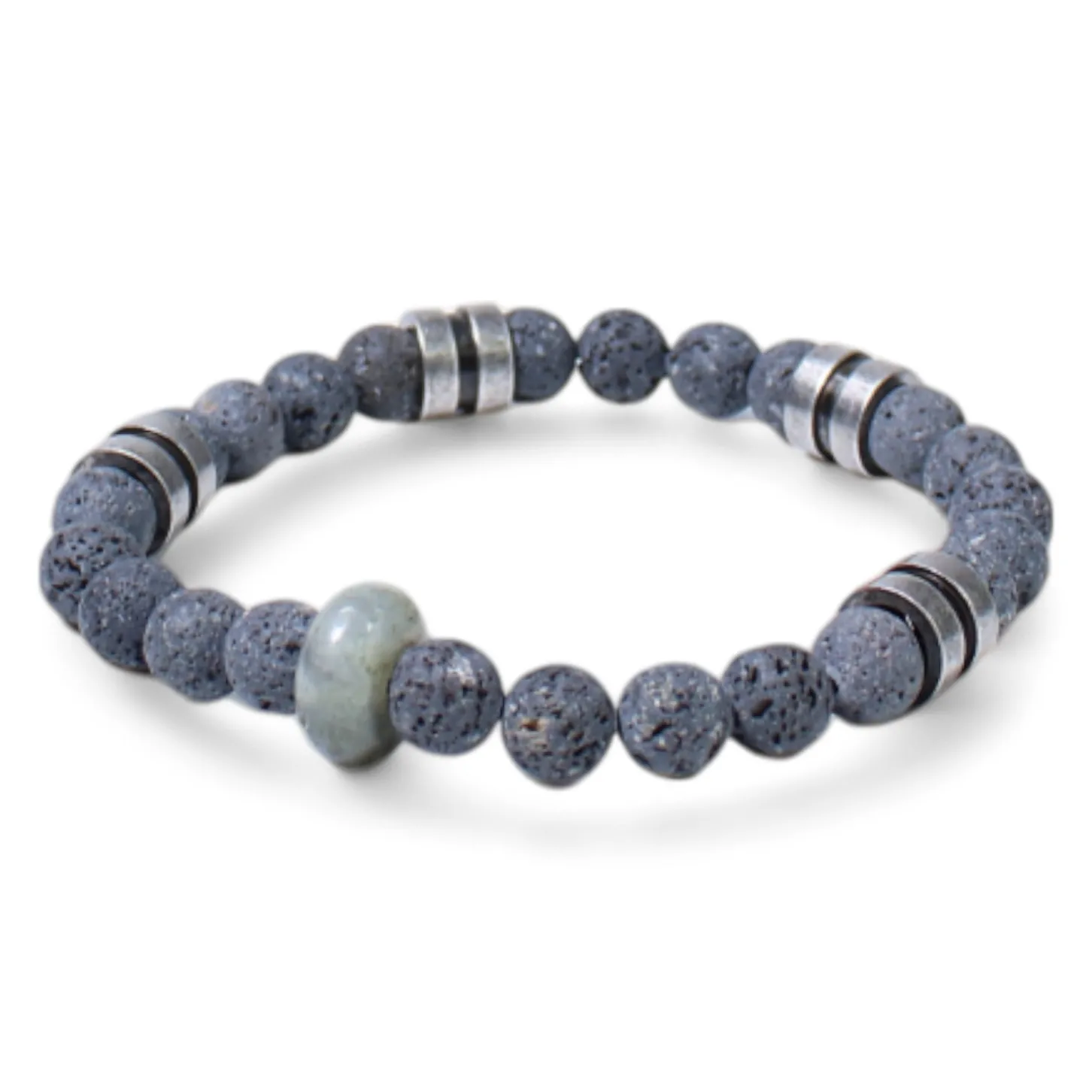 elastisches Herren Armband mit Lavasteinperlen, Naturstein, Metallteile