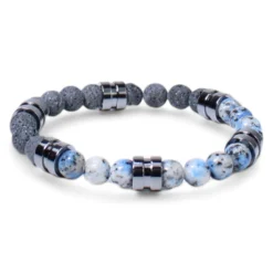 elastisches Herren Armband mit Naturstein- und Lavasteinperlen, Metallteile