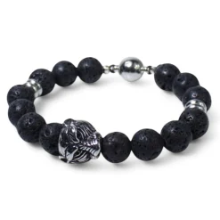 elastisches Herren Armband mit Lavasteinperlen, Tigerkopf, Edelstahlteile