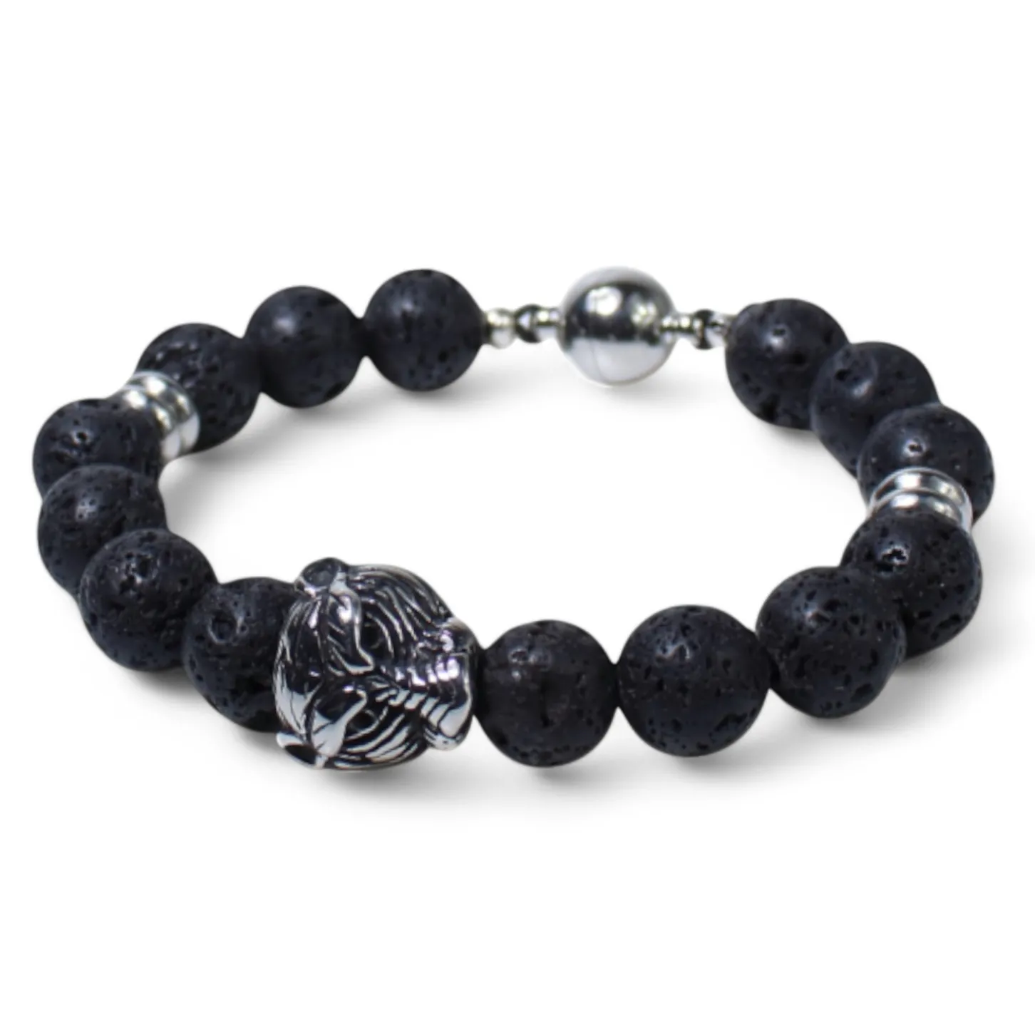 elastisches Herren Armband mit Lavasteinperlen, Tigerkopf, Edelstahlteile