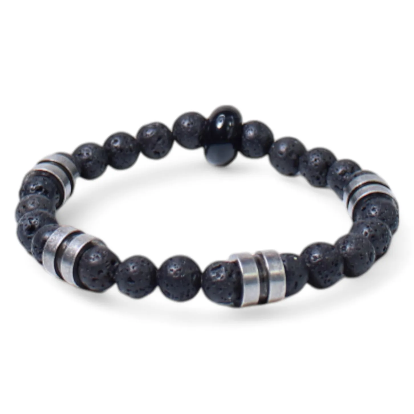elastisches Herren Armband mit Lavasteinperlen, Naturstein, Metallteile