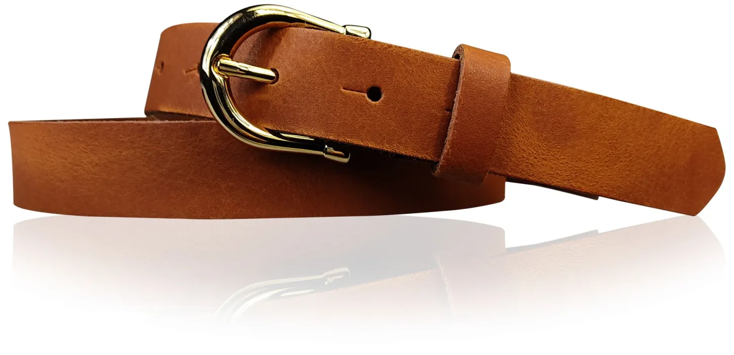 ELENA 2: schmaler Damen Ledergürtel 2,2 cm mit vergoldeter Hufeisen Gürtelschnalle, günstiger Ledergürtel