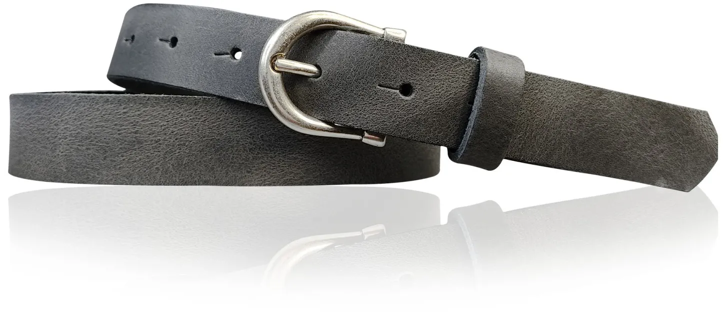 ELENA: schmaler Damen Ledergürtel zirka 2,2 cm mit silberner Hufeisen Gürtelschnalle, günstiger Ledergürtel
